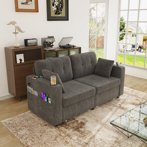 English Elm Sofas for Living Room Chenille Three Seat Couch with Usb Charging Storage and Cup Holder Gray W395S00143