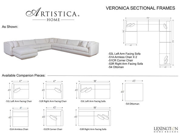 Lexington Artistica Home Veronica Luxurious Sectional Sofa Set With Down Throw Pillows For Ultimate Comfort And Style  Wood 2411-50s-40
