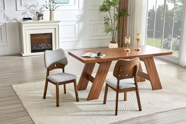 English Elm 2 Solid Walnut Toned Wood Dining Chairs Gray Fabric Seat Hollowed Backrest Modern W1151P455535
