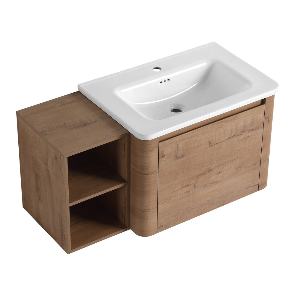 English Elm 40'' Wall-Mounted Vanity with White Ceramic Sink, Plywood Shelves, Soft-Close Door, Scratch-Resistant Finish W999S00380