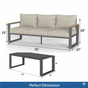 English Elm 2-piece Outdoor Aluminum Patio Sofa Set with Tempered Glass Table and Cushioned Seating Beige+Black B082P455138