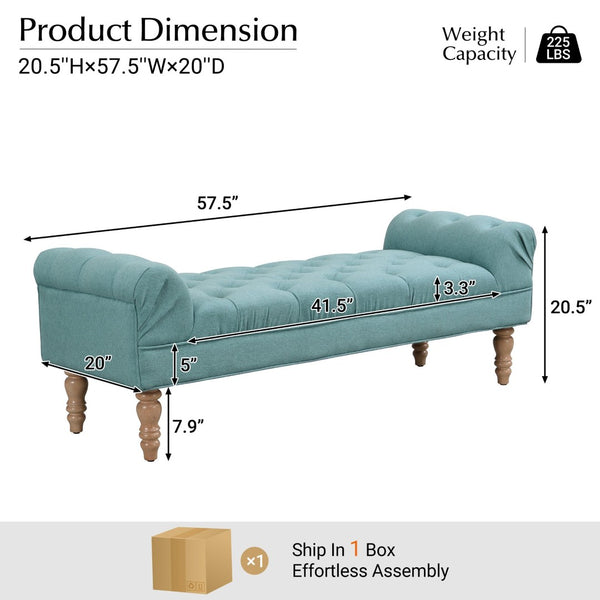 English Elm Button-tufted Upholstered Bench with Oak Legs Diamond Stitching for Bedroom or Entryway Dusty Teal N761P304406F
