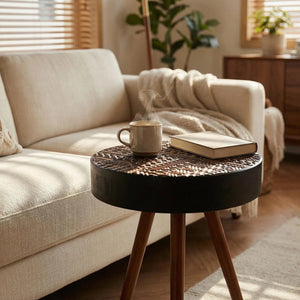 English Elm 15.7-inch Round Carved Mdf Accent Table Distressed Vintage Style for Bedroom or Living Room W3935P406043