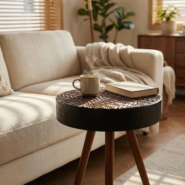 English Elm 15.7-inch Round Carved Mdf Accent Table Distressed Vintage Style for Bedroom or Living Room W3935P406043