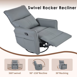 English Elm Rocker Recliner Chair 360° Swivel Glider with 90–150° Recline, 30° Rocking, Side Pocket, Blue-Gray W1028P193666