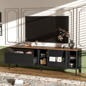 English Elm U-can Mid Century Walnut Media Console with Sliding Doors and Metal Frame for Living Rooms Black N724P360370B