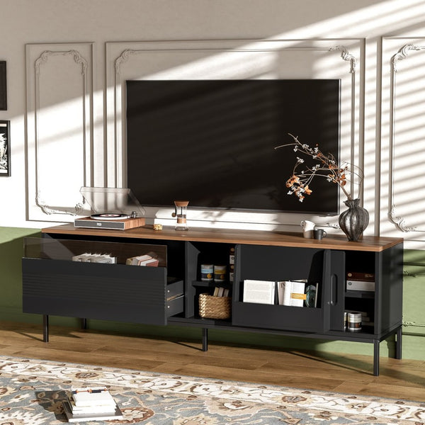 English Elm U-can Mid Century Walnut Media Console with Sliding Doors and Metal Frame for Living Rooms Black N724P360370B