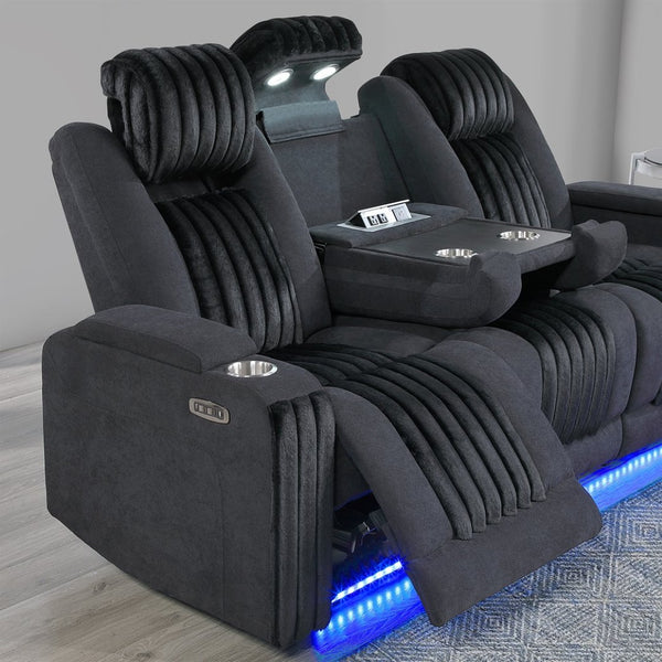 English Elm Duran Power Reclining Sofa with Led Lighting Headrest Usb and Drop Down Table Black B201P412676