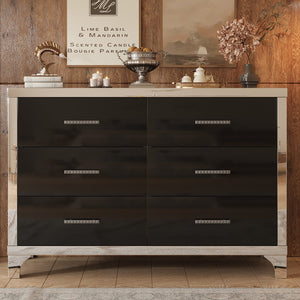 English Elm Elegant High Gloss Dresser with Metal Handles and Mirrored Panels, 6-Drawer Space-Saving Storage Solution Black 55.71 L x 19.29 W x 10.63 H N733P205355B