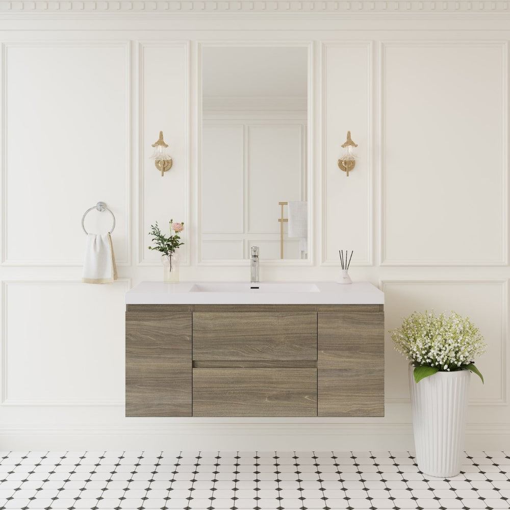 English Elm 48'' Floating Oak Fluted Bathroom Vanity Wall Mounted with Stone Resin Basin Soft Close Grey Ash W1920P385489