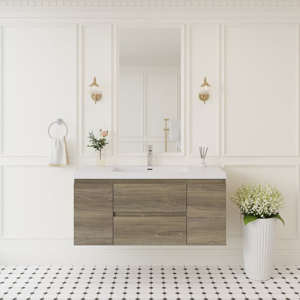 English Elm 48'' Floating Oak Fluted Bathroom Vanity Wall Mounted with Stone Resin Basin Soft Close Grey Ash W1920P385489
