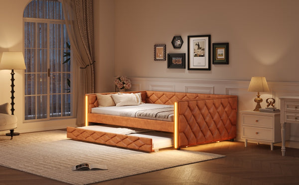 English Elm Full XL Upholstered Daybed with Trundle and Built-In LED Lighting, Tufted Arms, Solid Wood Frame Brown N7090000611D