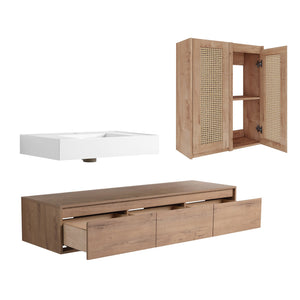 English Elm 60-Inch Wall-Mounted Bathroom Vanity With Integrated Resin Sink, Soft-Close Drawers & Elegant Oak Finish W999S00358