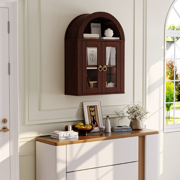 English Elm Wall Mounted Arched Cabinet Tempered Glass Doors Led Lighting Adjustable Shelves Bathroom Brown T3210P471553