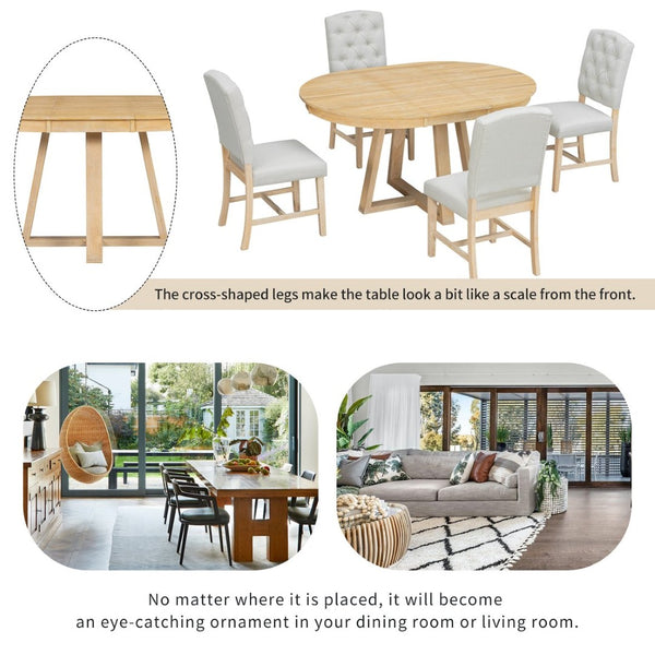 English Elm Trexm Retro 5 Piece Extendable Round Dining Set with Button Tufted Upholstered Chairs Natural ST000094AAN-2026