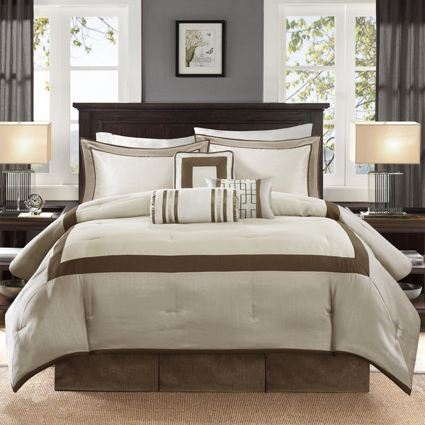 English Elm 7 Piece Comforter Set - Elegant Taupe And Brown California King Ensemble With Decorative Pillows B03597134