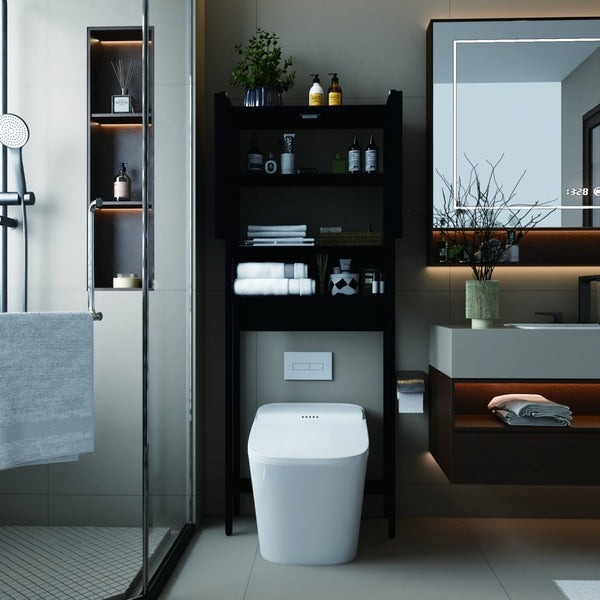 English Elm Toilet Side Bamboo Tower with Louvered Doors Open Shelf Freestanding Bathroom Organizer W2207P334026