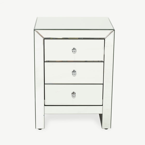 English Elm Christopher Knight Home® - 17.70'' Mirrored Nightstand - Silver Glass 3-Drawer Accent Table, Compact Glam Bedside Storage, Smooth Metal Glides 60982.00