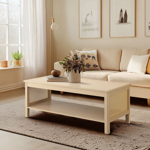 JLA Home 510 Design - 2-Tier Coastal Modern Coffee Table with Rattan Sides, Oak Finish, Open Shelf Storage & 75 lb Capacity FUR120-0054