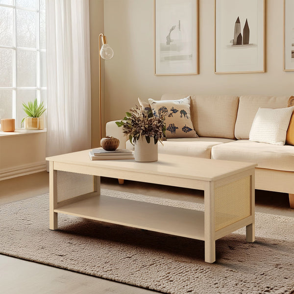 JLA Home 510 Design - 2-Tier Coastal Modern Coffee Table with Rattan Sides, Oak Finish, Open Shelf Storage & 75 lb Capacity FUR120-0054