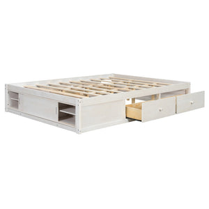 English Elm Queen Platform Bed with Four Storage Drawers Footboard Cubby Modern Low Profile Frame White LP000138AAK