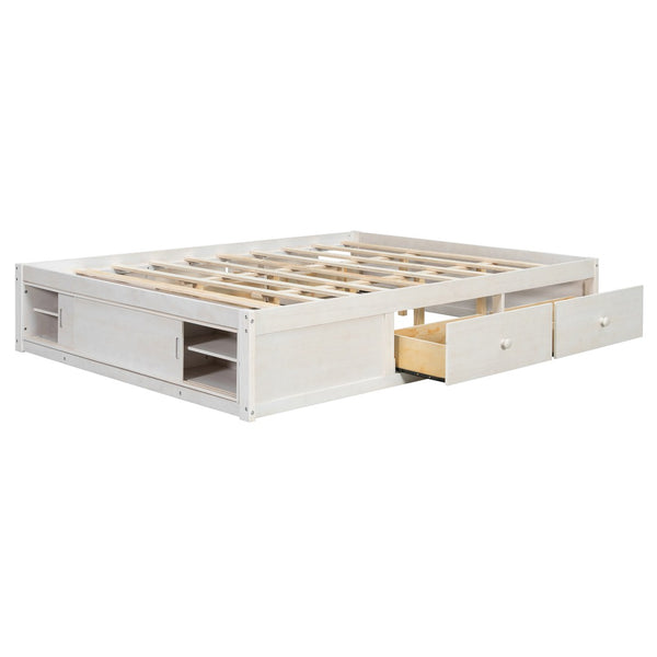 English Elm Queen Platform Bed with Four Storage Drawers Footboard Cubby Modern Low Profile Frame White LP000138AAK