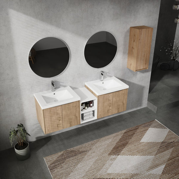 English Elm 60" Modern Wall-Mounted Bathroom Vanity Combo With Soft Close Doors, Dual Sinks & Side Cabinet Storage W999S00226