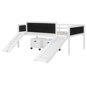English Elm Twin Kids Loft Bed Solid Pine Frame with Slide Chalkboard and Climbing Rope Play Zone White N708P340493K