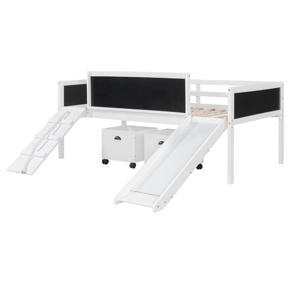 English Elm Twin Kids Loft Bed Solid Pine Frame with Slide Chalkboard and Climbing Rope Play Zone White N708P340493K