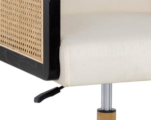 Sunpan Claudette Modern Office Chair in Linoso Ivory with Rattan, Gold Base, and Black Rubberwood Arms