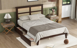 English Elm Full Full Size Bed with Rattan Headboard and Two Underbed Storage Drawers, Rubberwood Slat Support Espresso W504P269605