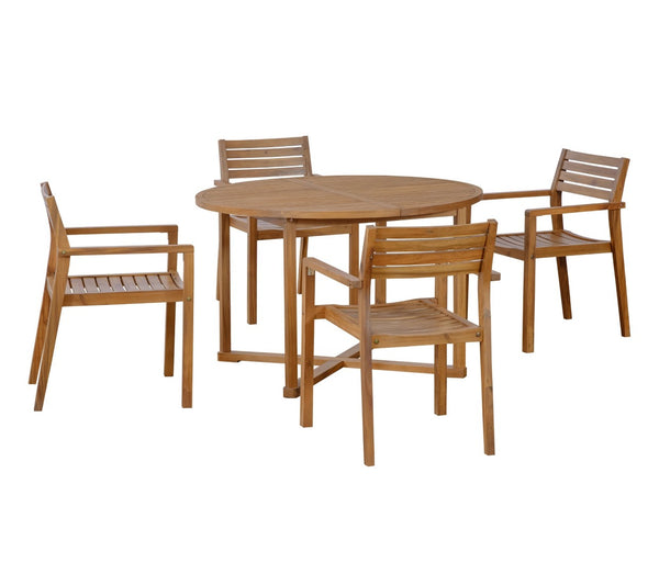 English Elm U_style Solid Acacia Wood Round Outdoor Dining Set Seats Four with Slatted Design Natural WY000475AAO