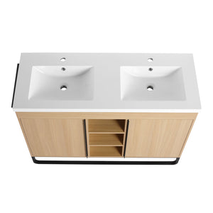 English Elm 48" Freestanding Bathroom Vanity With Resin Double Sink, Soft-Close Doors & Open Storage For Modern Style W999S00479