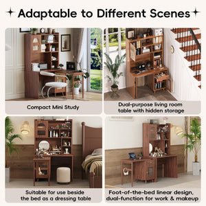 English Elm Computer Desk with Rotating Extension Panel Walnut Finish Glass Cabinets Home Office N733S363716D