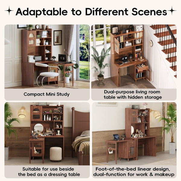English Elm Computer Desk with Rotating Extension Panel Walnut Finish Glass Cabinets Home Office N733S363716D
