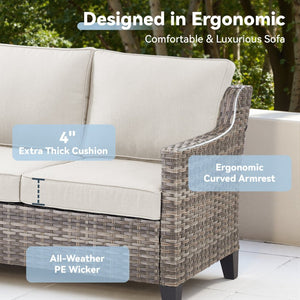 English Elm 73.2" Outdoor Handwoven Rattan 3 Seat Sofa with Olefin Cushions for Porch or Patio Beige T3773P416337