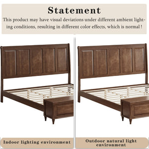 English Elm Queen Sleigh Bed Solid Rubberwood Walnut Finish Curved Headboard Footboard Storage Bench Walnut Brown W1716S00036
