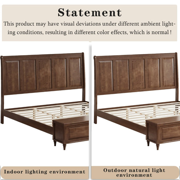 English Elm Queen Sleigh Bed Solid Rubberwood Walnut Finish Curved Headboard Footboard Storage Bench Walnut Brown W1716S00036