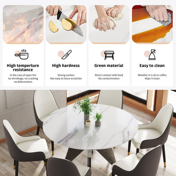 English Elm 53" Round Marble Dining Table - Elegant Silver Stainless Steel Base For 6, Perfect For Modern Spaces W1535S00389
