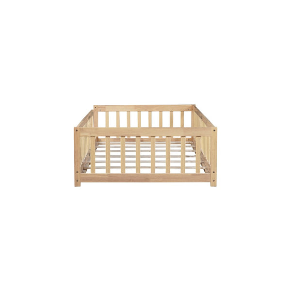 English Elm Twin Low Profile Rubberwood Floor Bed with Full Safety Fence for Toddler Rooms Natural W504P429336