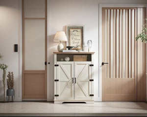 English Elm 6-Tier Shoe Storage Cabinet Farmhouse White+Oak with Adjustable Shelves, 2-Tier Open Tray & Anti-Tip Safety W3151P264510