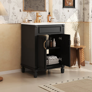 English Elm 24'' Bathroom Vanity with Sink - Solid Wood Frame, Glossy Ceramic Basin, Soft-Close Doors & Ample Storage Elegant Modern Design, Durable MDF Construction, Retro Metal Handles, Compact 24-inch Cabinet Black N710P317675B
