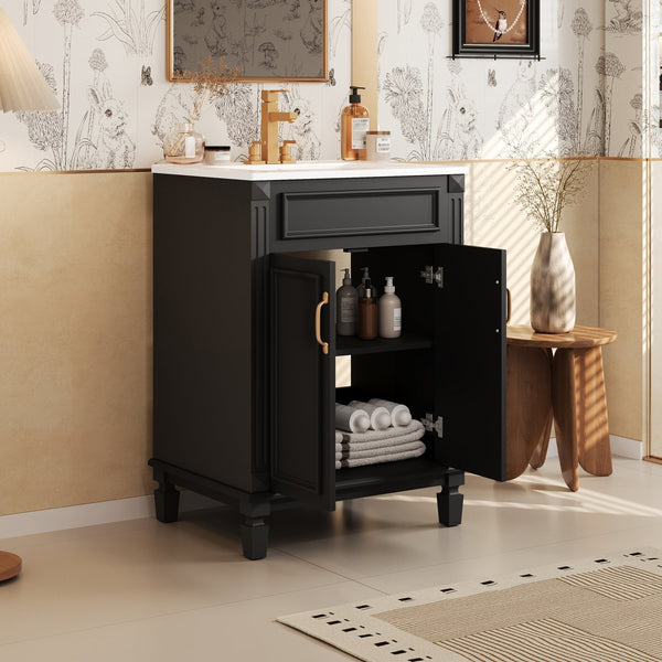 English Elm 24'' Bathroom Vanity with Sink - Solid Wood Frame, Glossy Ceramic Basin, Soft-Close Doors & Ample Storage Elegant Modern Design, Durable MDF Construction, Retro Metal Handles, Compact 24-inch Cabinet Black N710P317675B