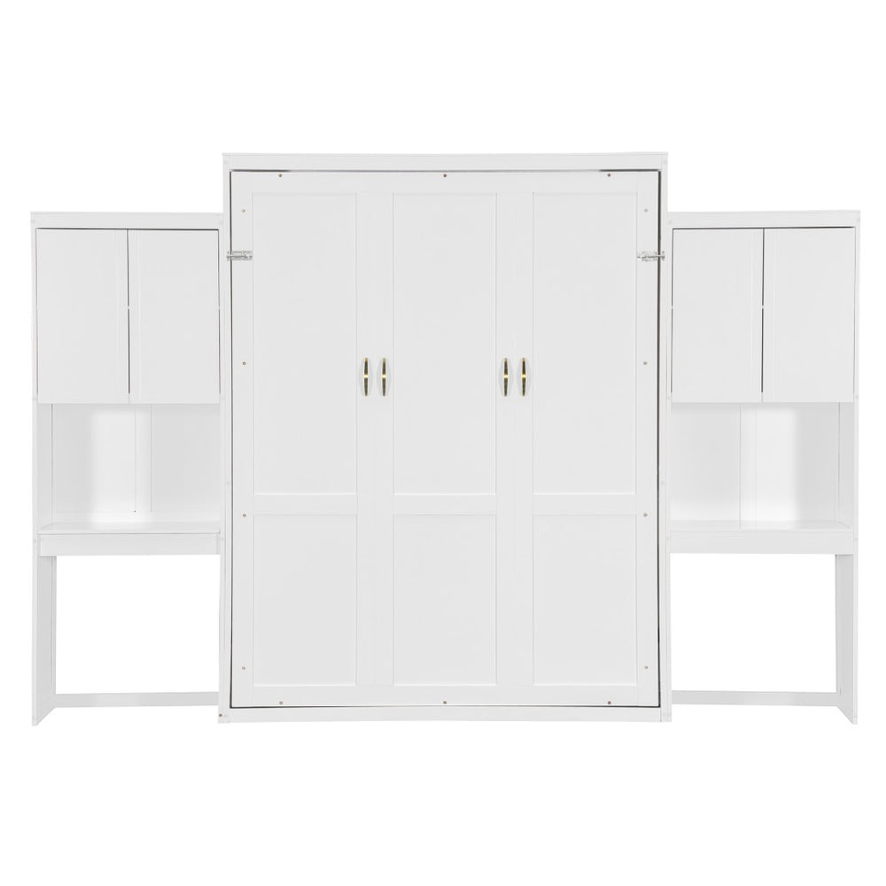 English Elm Queen Wall Bed with Integrated Desk Vanity and Cabinet Storage for Studio Rooms White N820S10057K-1