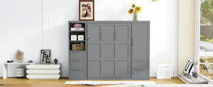 English Elm Queen Murphy Wall Bed with Wardrobe Drawers and Shelves for Studio or Guest Room Gray LP000865AAE-1