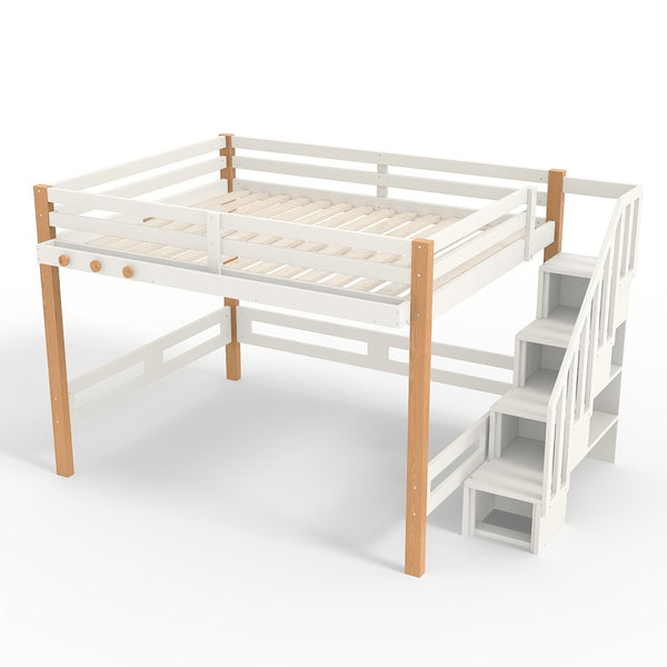 English Elm Twin Pine Wood Loft Bed with Built-in Shelving and Hook for Kids Bedroom W5305S00011