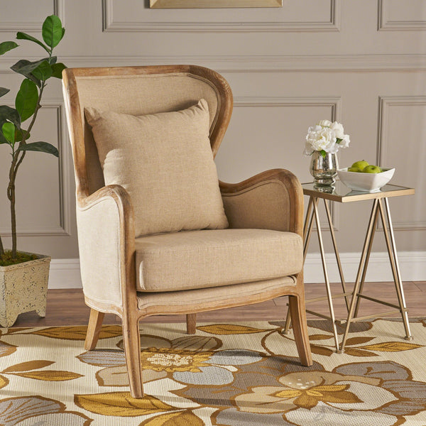 English Elm Christopher Knight Home® - CRENSHAW Beige Fabric Wing Chair with Oak Frame — High-Back Cozy Armchair for Living Room Comfort 56614.00