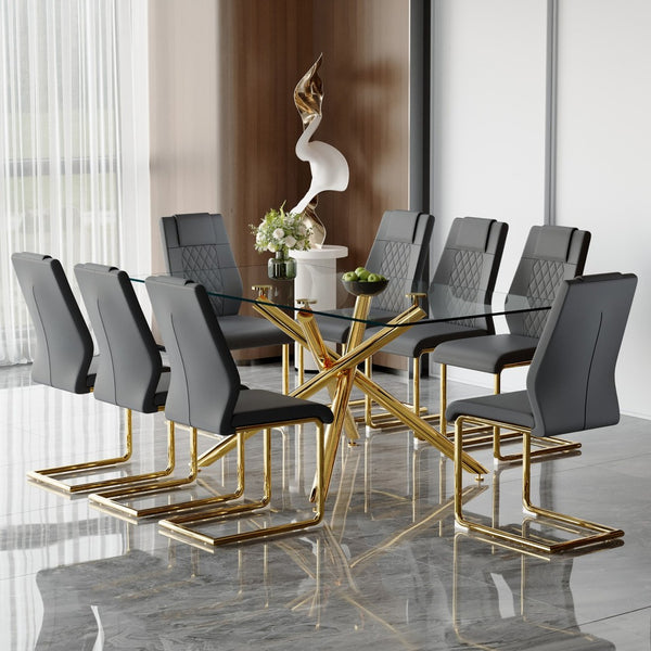 English Elm Table Modern Luxurious Transparent Glass Dining Set With 8 Dark Gray Pu Chairs & Gold Legs W1151S02592-GIGA