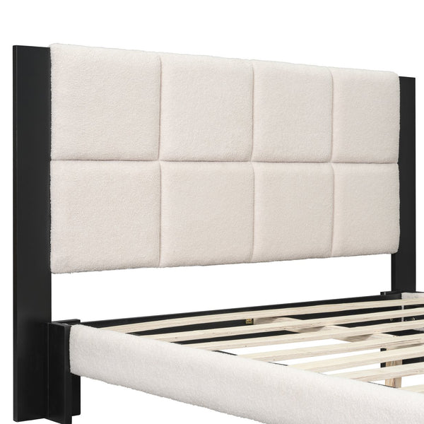English Elm Christopher Knight Home® - Boucle Queen Upholstered Bed Frame with Square-Stitched Headboard, Beige Fabric & Black Legs - Cozy Platform Design N758Q545253A