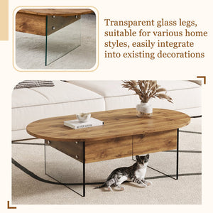 English Elm Cozy Natural Oval Coffee Table with Dual Drawers, Tempered Glass Legs, Wood Grain MDF Top, 43.3"x23.6" W1512P405601